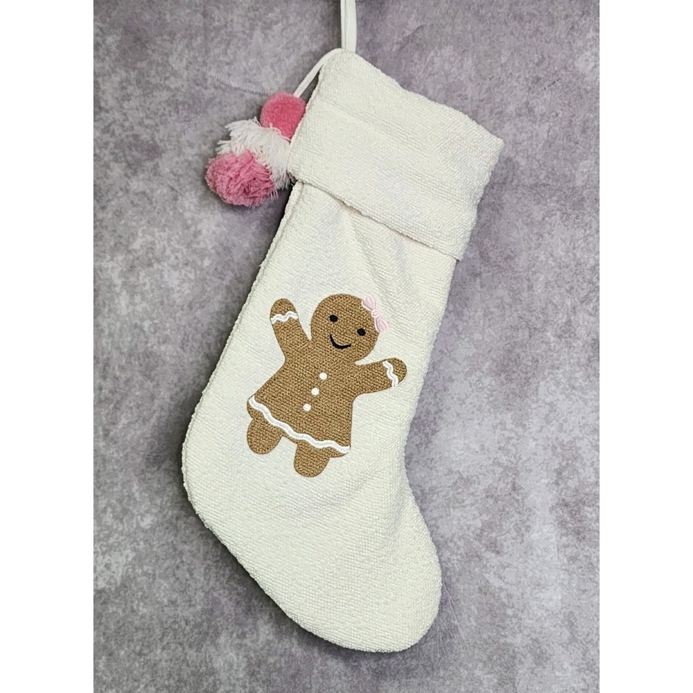 Gingerbread Girl Christmas Stocking Cream Pink Pom Pom 22" Boucle Cream NEW